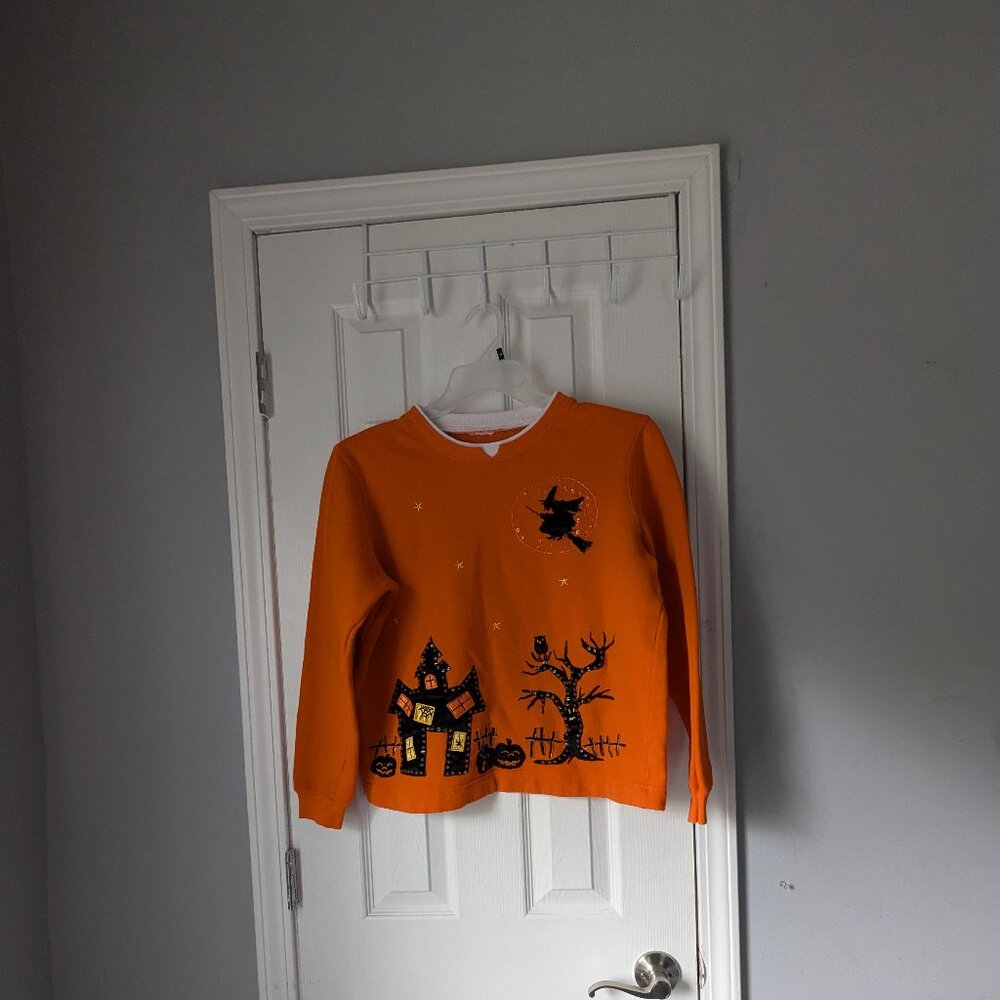 Vintage Halloween Sweatshirt, Orange, Witch, Haunted House, Size M
